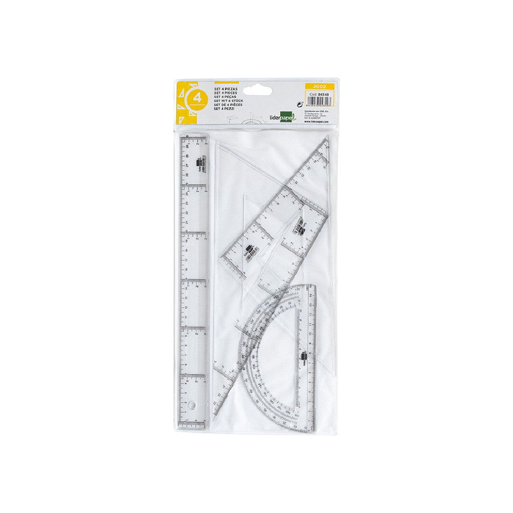 LIDERPAPEL - Juego Escuadra y Cartabon 25cm Regla 30cm y Semicirculo 15cm Liderpapel en Petaca Incolora