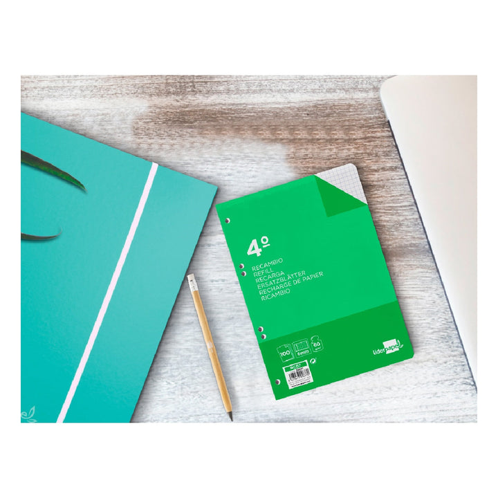 LIDERPAPEL - Recambio Liderpapel Cuarto 100 Hojas 60g/M2 Cuadro 6mm Con Margen 6 Taladros