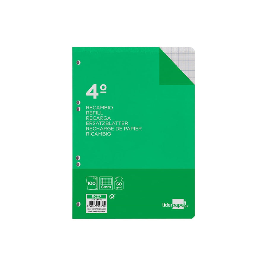LIDERPAPEL - Recambio Liderpapel Cuarto 100 Hojas 60g/M2 Cuadro 6mm Con Margen 6 Taladros