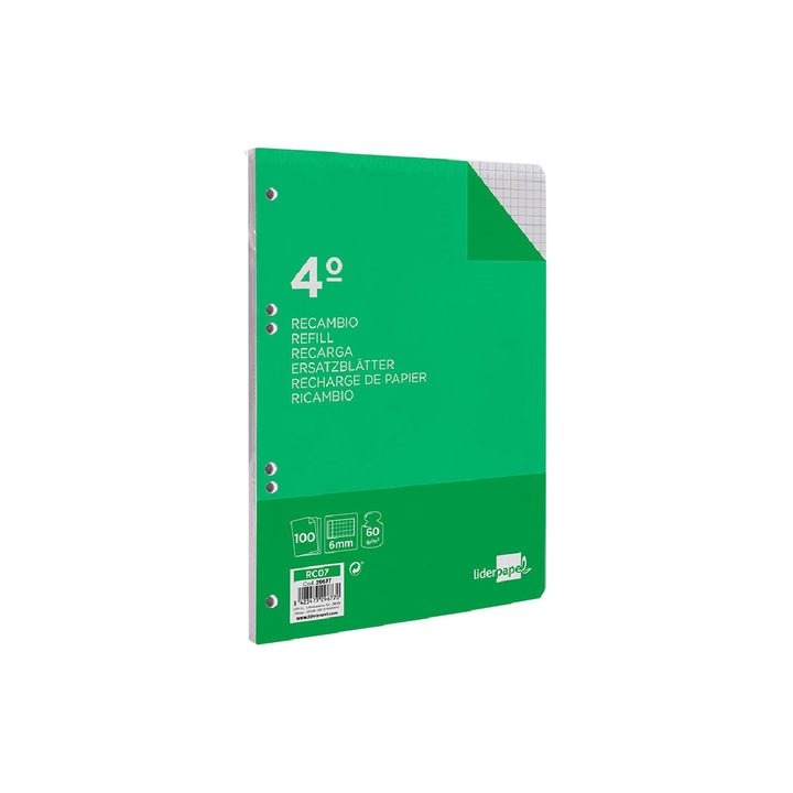 LIDERPAPEL - Recambio Liderpapel Cuarto 100 Hojas 60g/M2 Cuadro 6mm Con Margen 6 Taladros