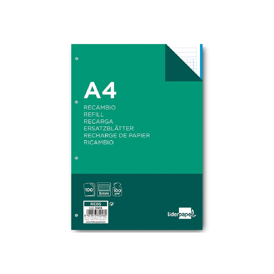 LIDERPAPEL - Recambio Liderpapel A4 100 Hojas 100g/M2 Cuadro 5mm 4 Taladros Bandas de 5 Colores