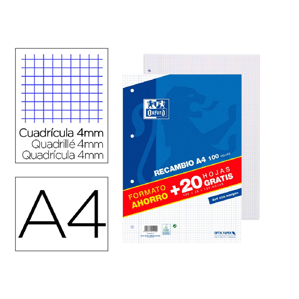 OXFORD - Recambio Oxford A4 100 + 20 Hojas Gratis 90 GR Cuadro 4mm 4 Taladros
