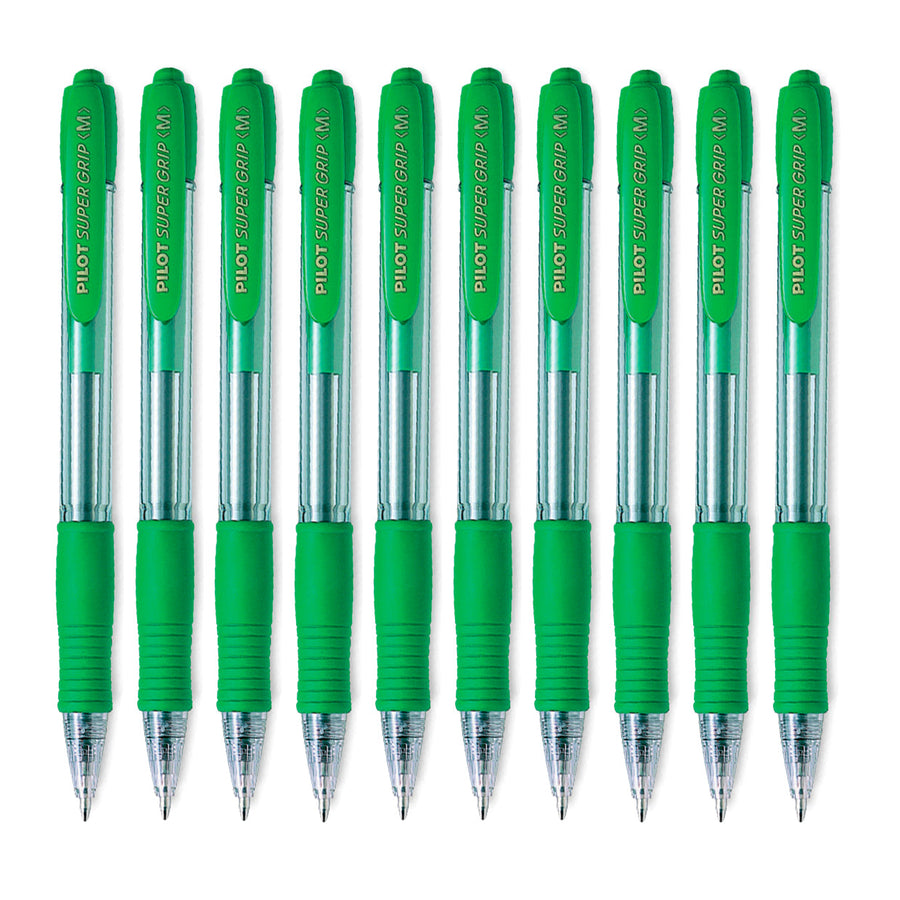 PILOT - Caja de 10 Bolígrafos Super Grip Retráctil de Punta Media Tinta en Aceite. Verde