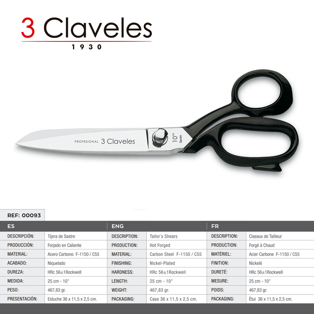 3 Claveles - Tijeras Multiuso Profesionales Forjadas Tipo Sastre de 25.5 cm - 10"