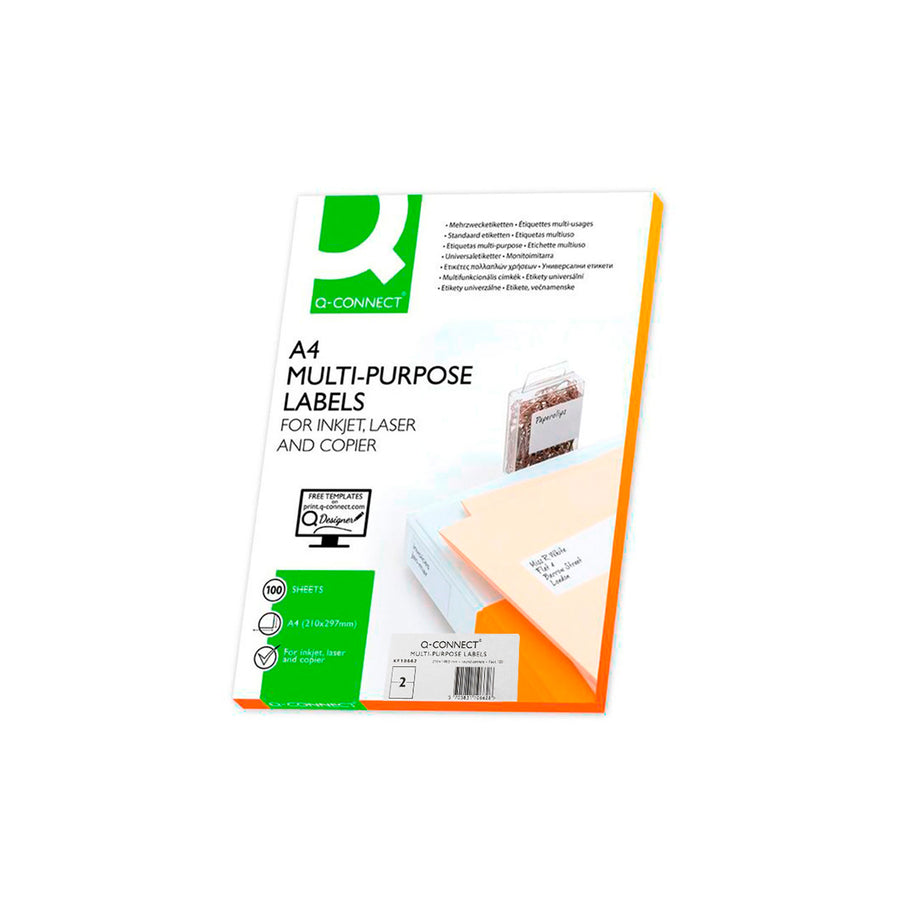 Q-CONNECT KF10662 - Caja 100 Hojas DIN A4 de 2 Etiquetas Adhesivas 210x148.5 mm Copia Laser InkJet Blancas