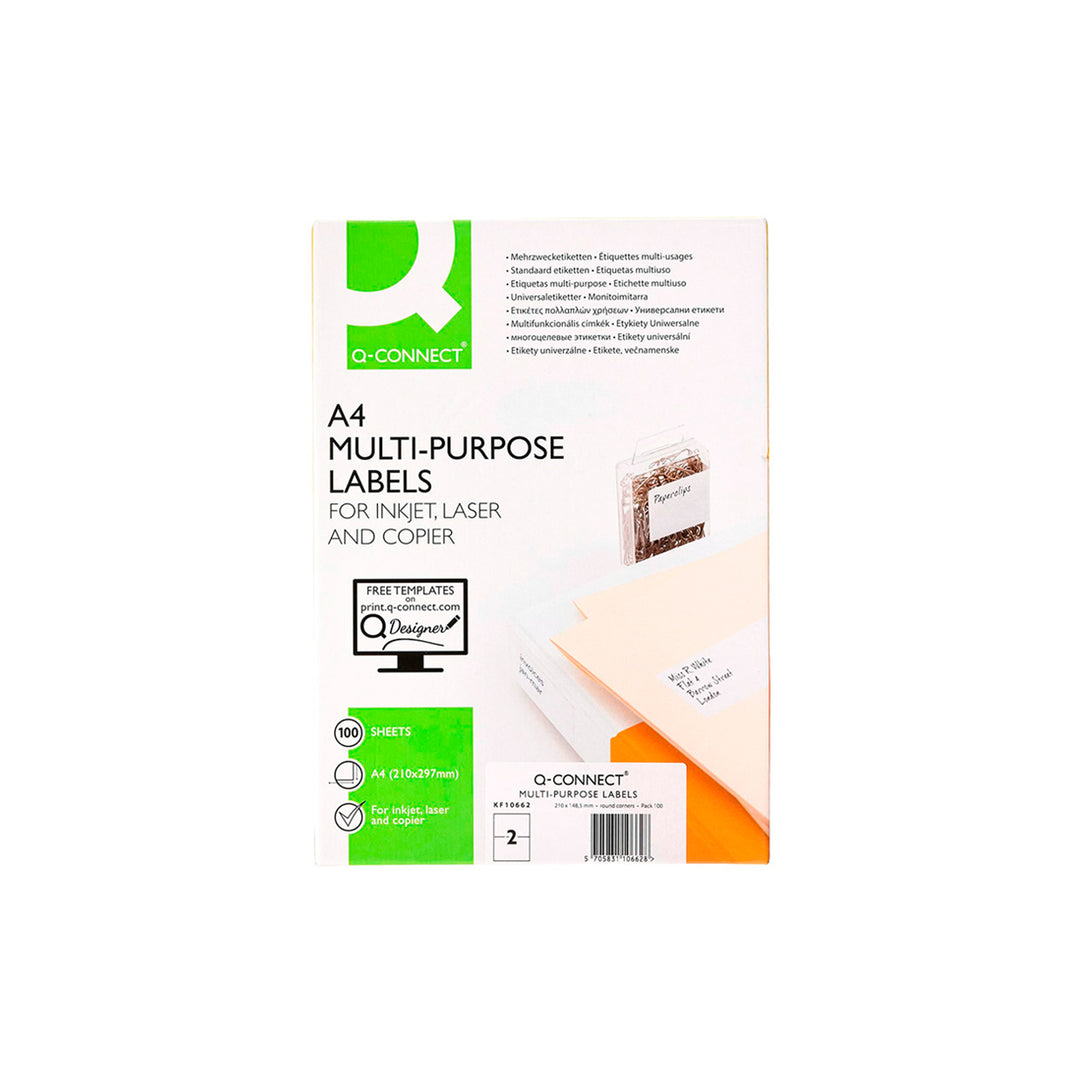 Q-CONNECT KF10662 - Caja 100 Hojas DIN A4 de 2 Etiquetas Adhesivas 210x148.5 mm Copia Laser InkJet Blancas