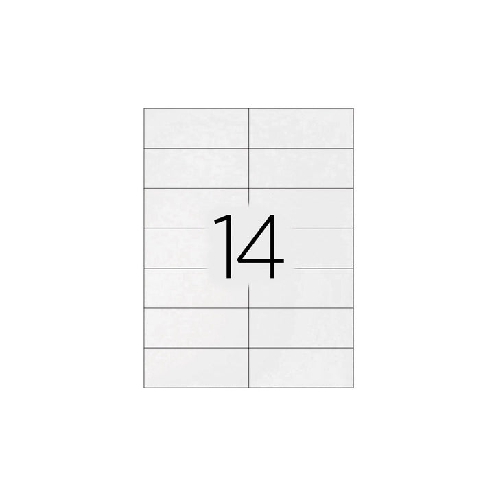 Q-CONNECT KF01585 - Caja 100 Hojas DIN A4 de 14 Etiquetas Adhesivas 99.1x38.1 mm Copia Laser InkJet Blancas