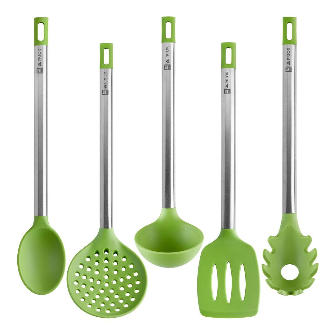 BRA Prior - Set de 5 Utensilios de Cocina en Silicona con Mango en Acero Inoxidable. Verde