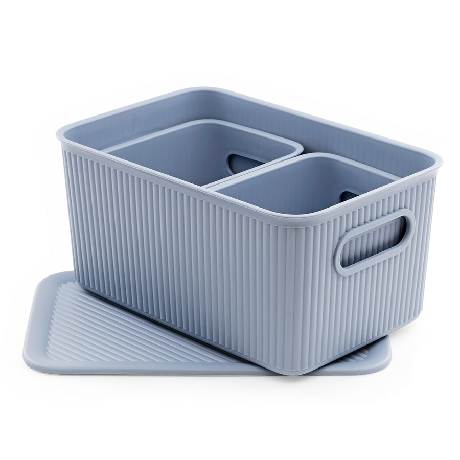 TATAY Baobab - Set de 3 Cajas Organizadoras Medianas con Tapa en Plástico PP05. Azul Mist