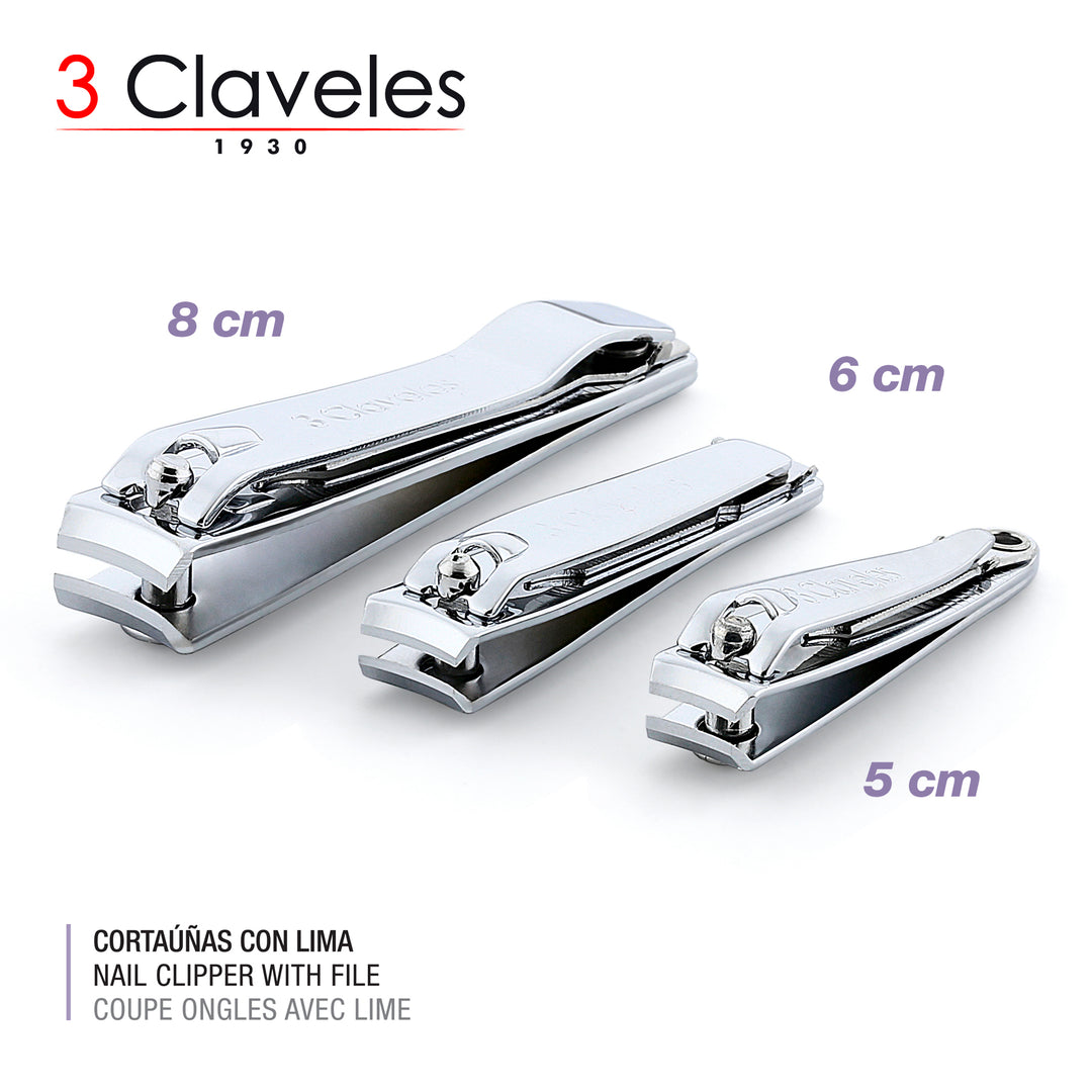 3 Claveles - Lote 3 Cortaúñas Cromados Con Lima Para Manos y Pies. Acabado Metálico