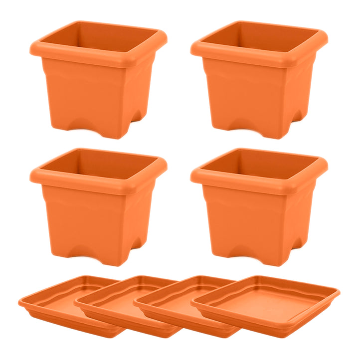 Plastiken TERRA - Lote de 4 Macetas Cuadradas con Platos Incluidos. Medida 22 cm 4L. Terracota