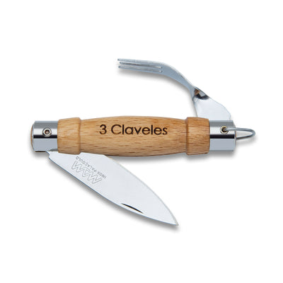 3 Claveles - Navaja Plegable de 8 cm con Tenedor Incorporado. Mango en Madera de Haya