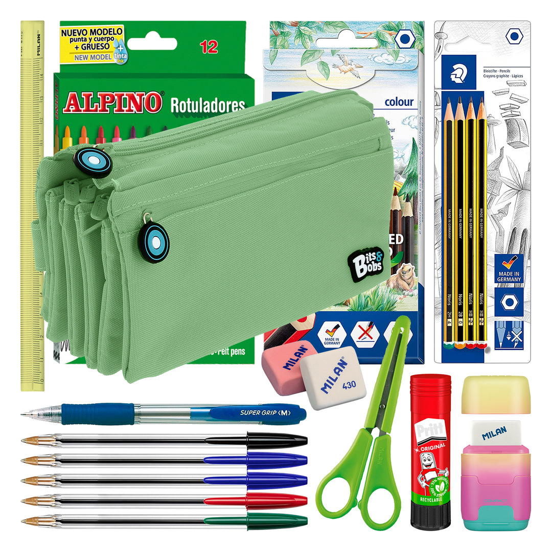 ColePack 2022 - Estuche Escolar Cuádruple de 4 Cremalleras y Material Incluido. Menta