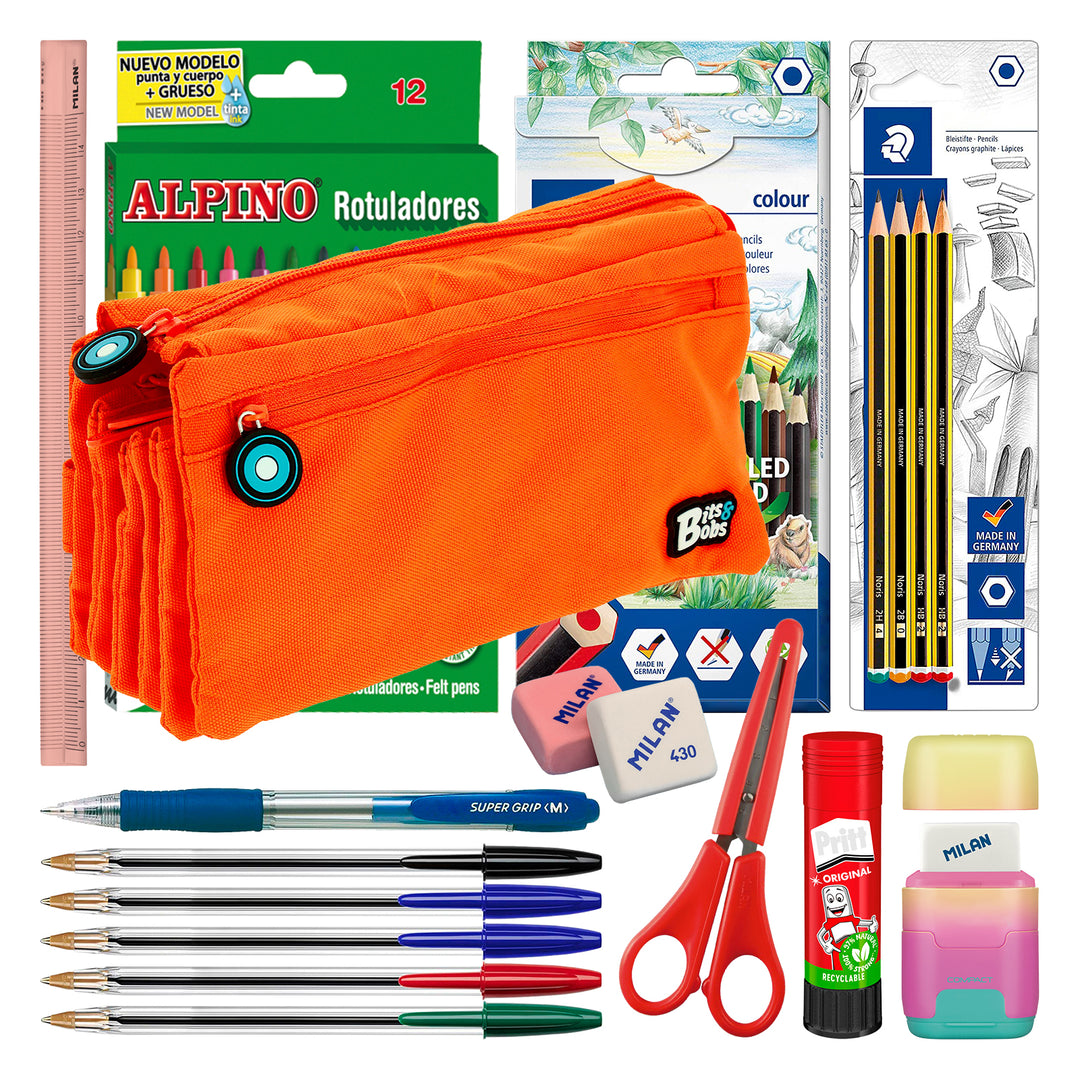 ColePack 2022 - Estuche Escolar Cuadruple de 4 Cremalleras y Material Incluido. Naranja