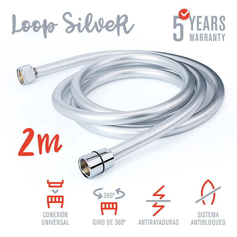 TATAY Loop Silver - Flexo de Ducha Anti-torsión y Anti-cal en PVC de 2 m. Gris Satinado