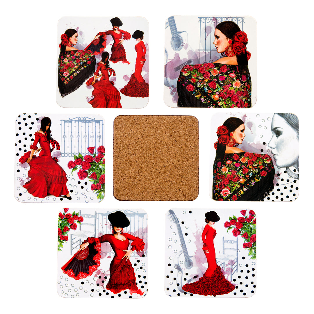 JAVIER Flamenca - Set de 6 Posavasos Cuadrados en Madera y Corcho