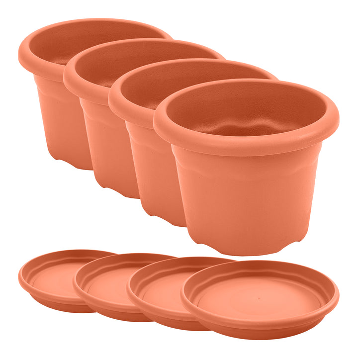 Plastiken TERRA - Lote de 4 Macetas Redondas con Platos Incluidos. Medida 35 cm 14L. Terracota