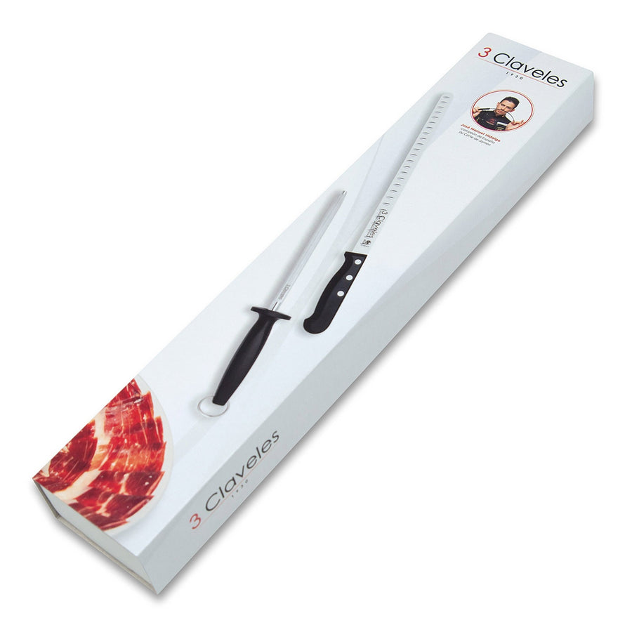 3 Claveles 00966 - Kit Cuchillo Jamonero Profesional Alveolado POM 29 CM y Chaira