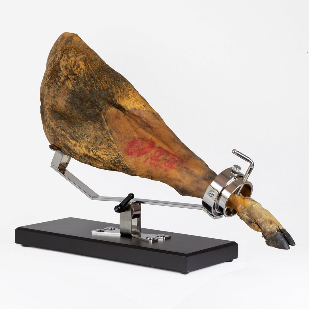 BELLO Aneto - Soporte Jamonero Basculante en DM y Acero Inoxidable con Cabezal Giratorio, Negro