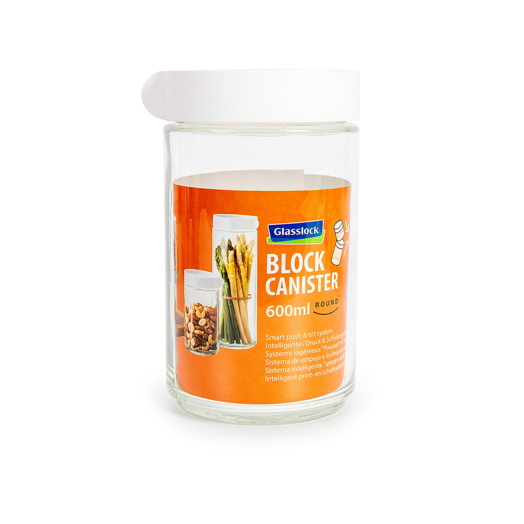 Glasslock Block Canister - Bote de Cocina Redondo de 0.6L en Vidrio Templado