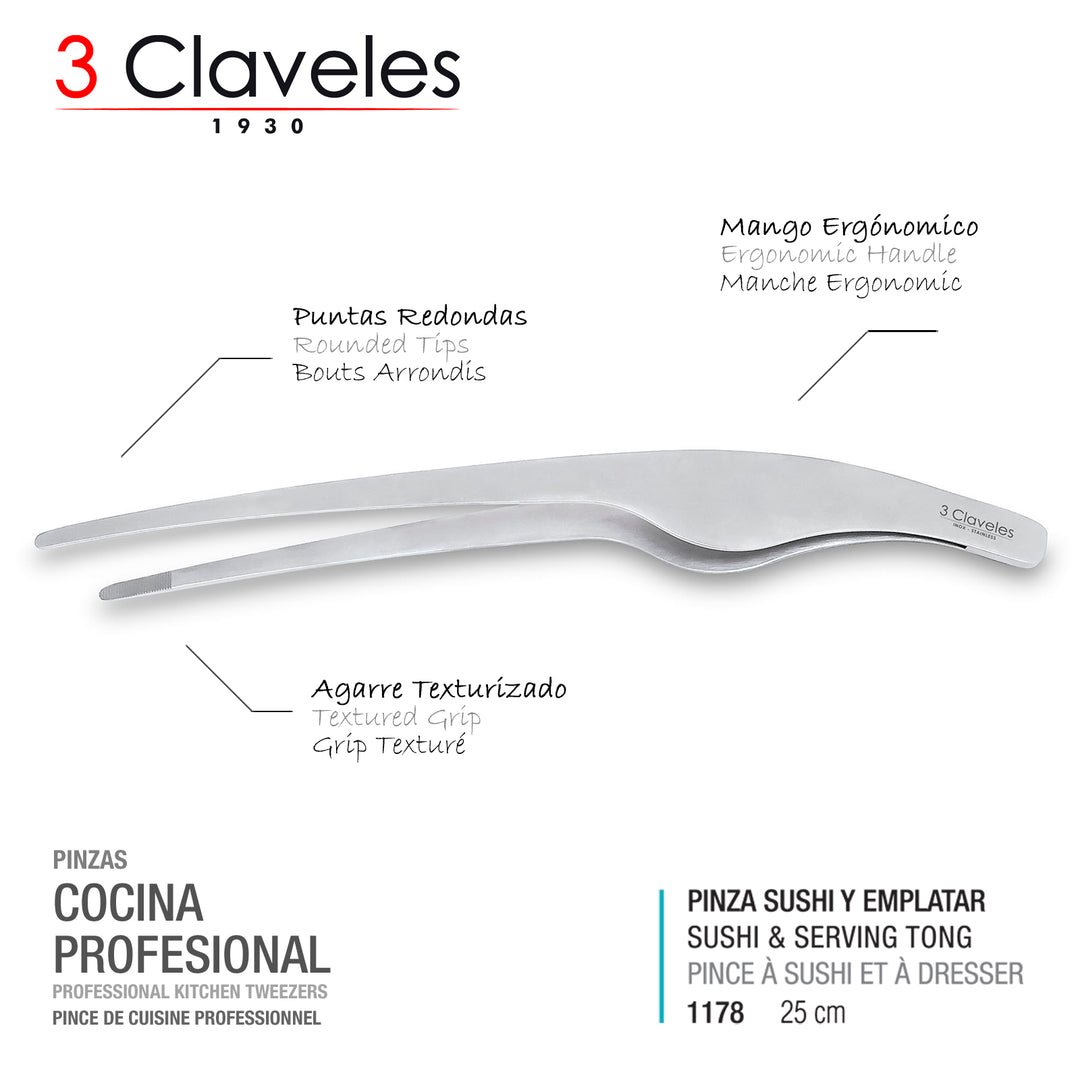 3 Claveles 01178 - Pinzas Ergonomicas en Acero Inoxidable para Sushi y Emplatar 25 cm