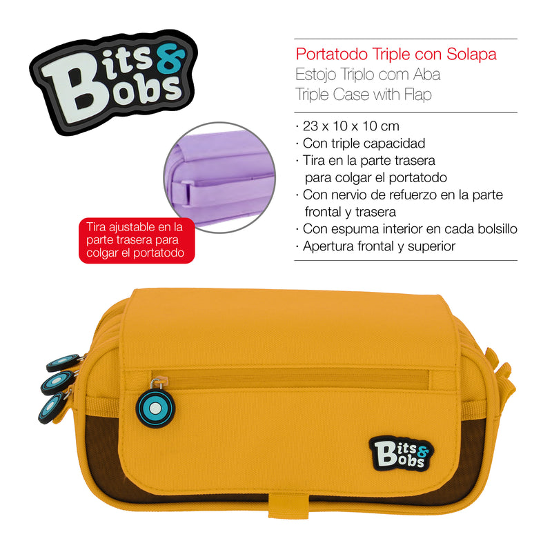 ColePack BitsBobs - Estuche Triple de 3 Cremalleras con Material Escolar Incluido. Amarillo