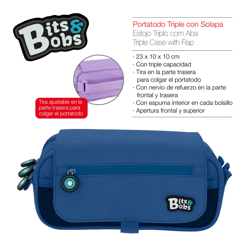 ColePack BitsBobs - Estuche Triple de 3 Cremalleras con Material Escolar Incluido. Azul