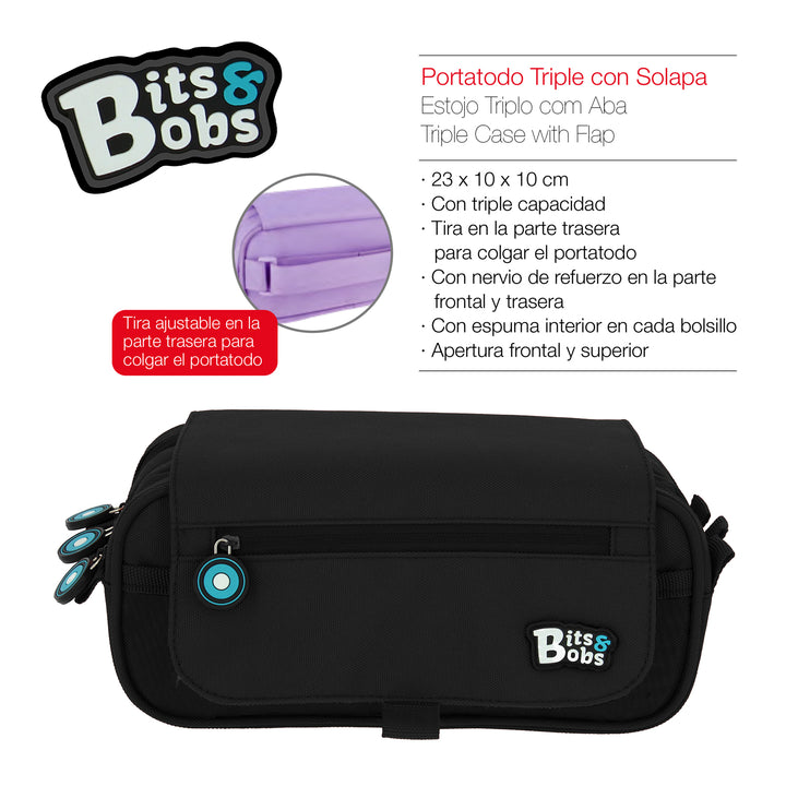 ColePack BitsBobs - Estuche Triple de 3 Cremalleras con Material Escolar Incluido. Negro