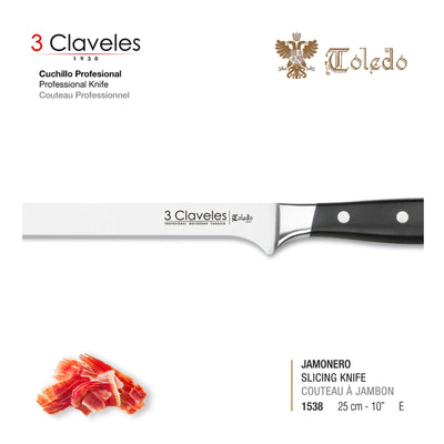 3 Claveles Toledo - Cuchillo Jamonero Profesional 25 cm Acero Inoxidable