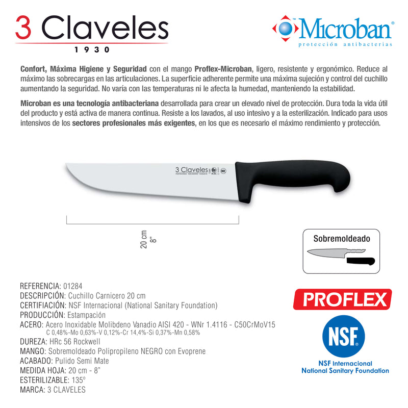 3 Claveles Proflex - Cuchillo Profesional Carnicero Ancho 20 cm Microban. Negro