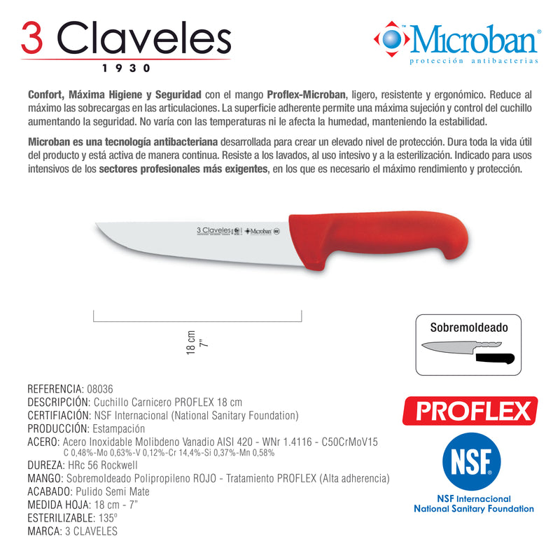 3 Claveles Proflex - Cuchillo Profesional Carnicero Ancho 18 cm Microban. Rojo