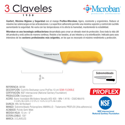 3 Claveles Proflex - Cuchillo Profesional Deshuesador Semi-Flexible Curvo 13 cm Microban. Amarillo