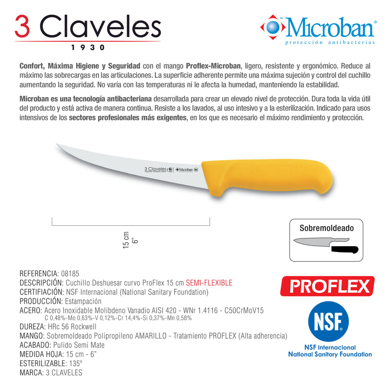 3 Claveles Proflex - Cuchillo Profesional Deshuesador Semi-Flexible Curvo 15 cm Microban. Amarillo