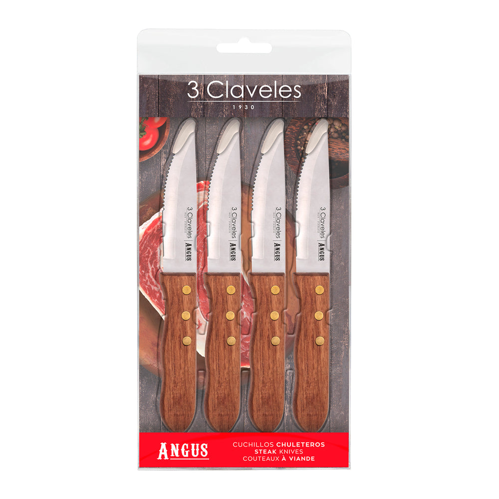 3 Claveles Angus - Set de 4 Cuchillos Chuleteros 12 cm en Acero Inoxidable