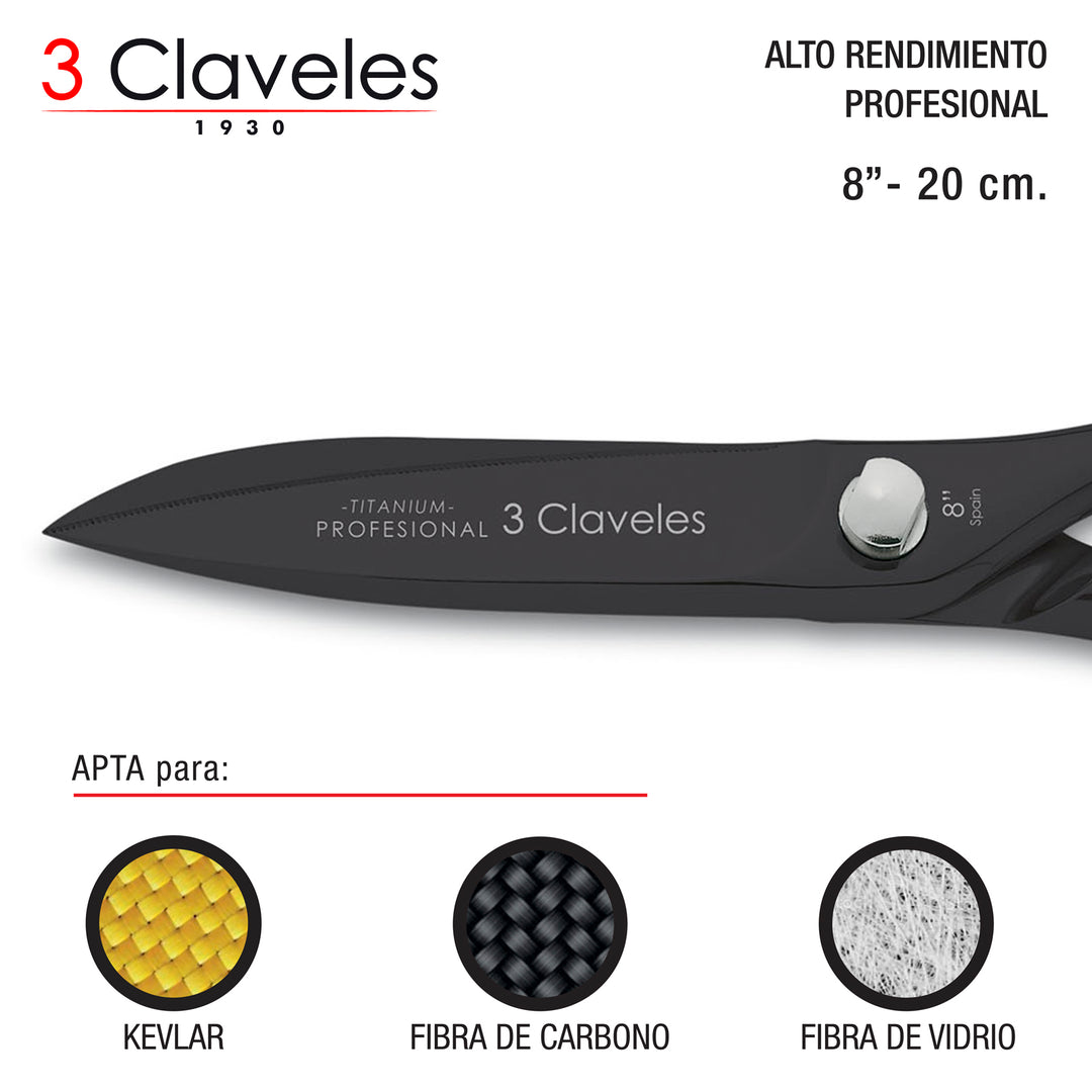 3 Claveles - Tijera Profesional Nitruro de Titanio de Alto Rendimiento 8". Ref. 00079