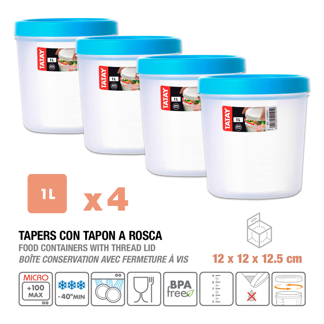 TATAY Twist - Set de 4 Recipientes Redondos 1L con Cierre Hermético a Rosca