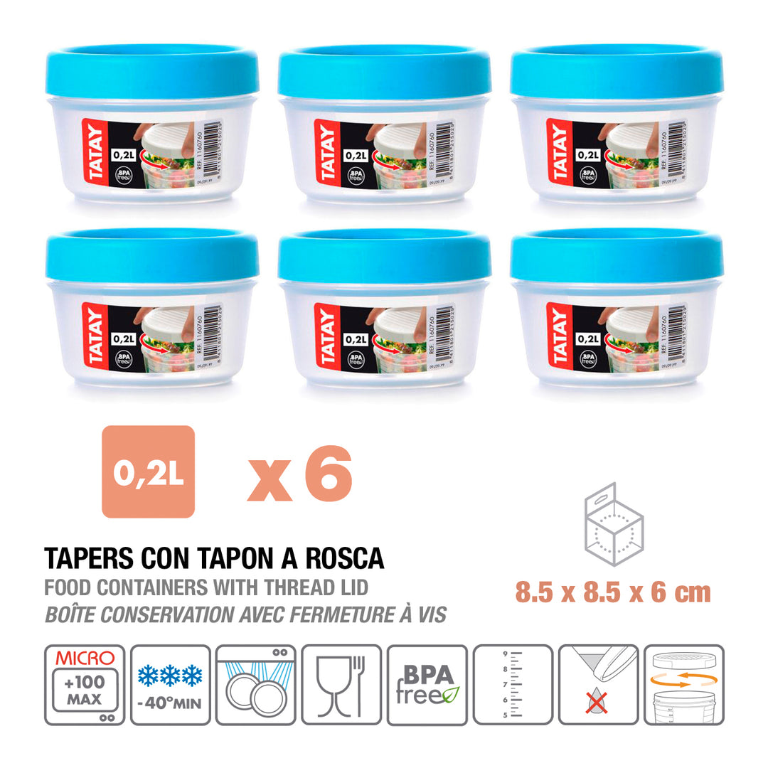 TATAY Twist - Set de 6 Recipientes Redondos 0.2L con Cierre Hermético a Rosca