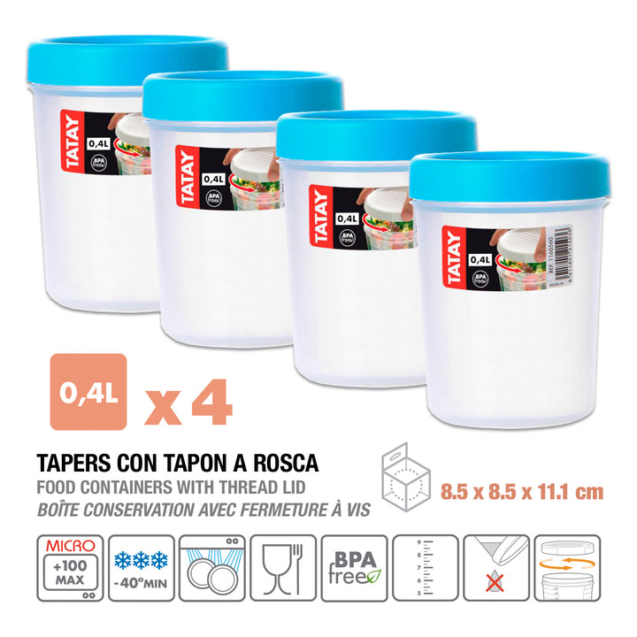 TATAY Twist - Set de 4 Recipientes Redondos 0.4L con Cierre Hermético a Rosca