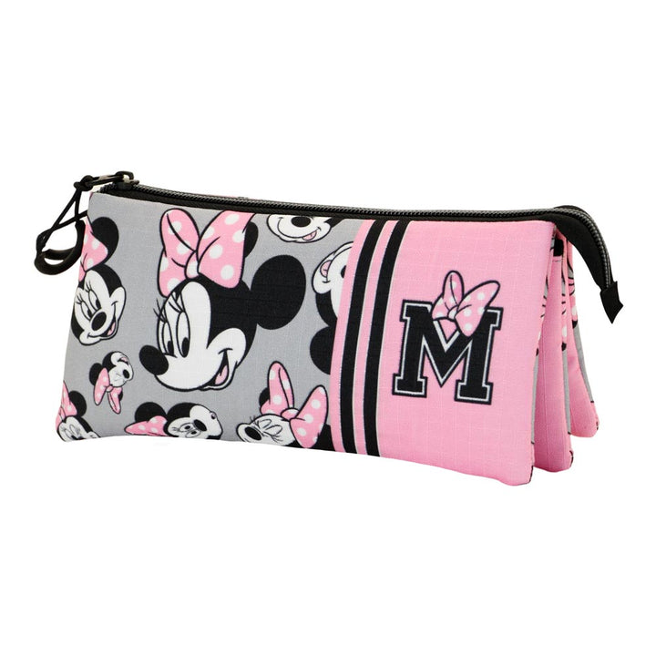 DISNEY Minnie Mouse Ribbons - Estuche Escolar Triple Portatodo con 2 Cremalleras. Gris