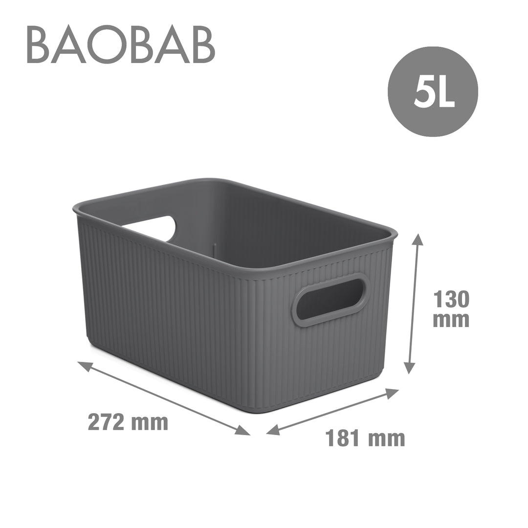 TATAY Baobab - Set de 3 Cajas Organizadoras Medianas con Tapa en Plástico PP05. Gris Antracita