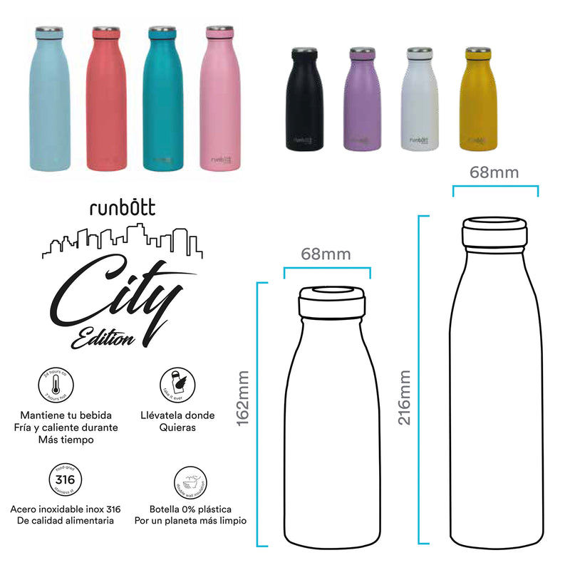 Runbott City - Botella Térmica de 0.5L en Acero Inoxidable 316 y Silicona. Cielo
