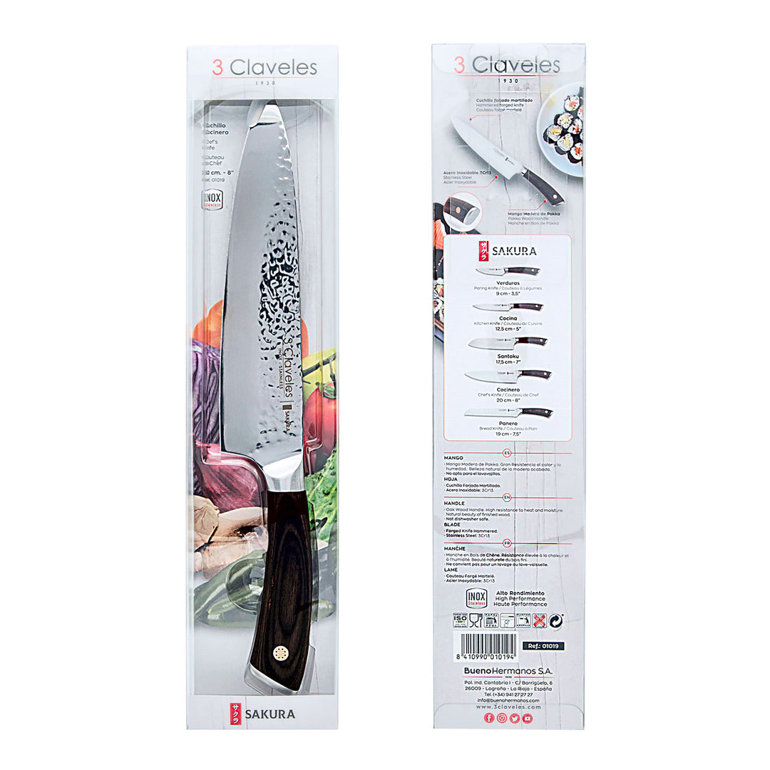 3 Claveles Sakura - Cuchillo Cocinero 20 cm Acero Forjado con Hoja Martilleada