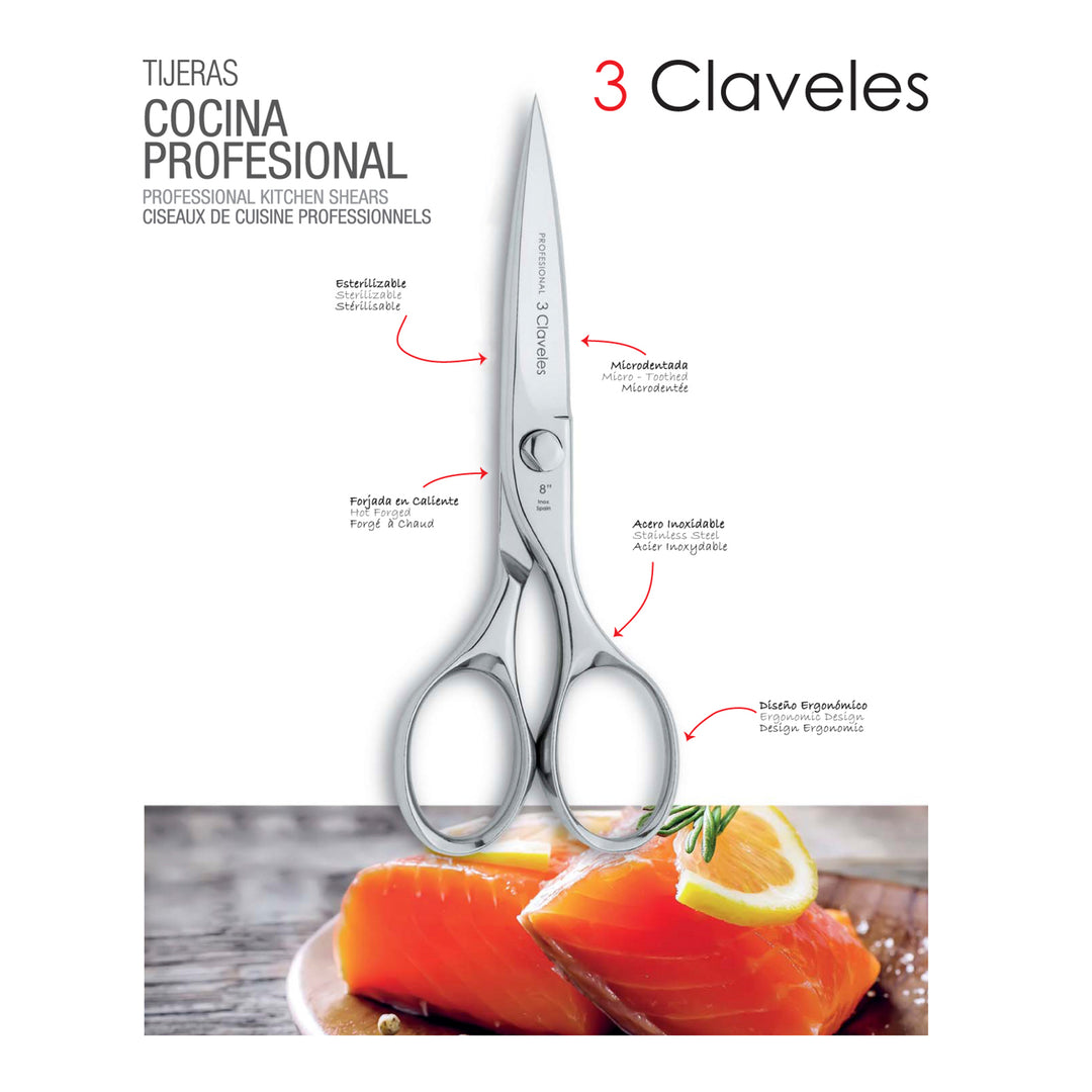 3 Claveles Grand Cuisine - Tijeras de Cocina Profesionales de 8" 20 cm en Acero Forjado en Caliente