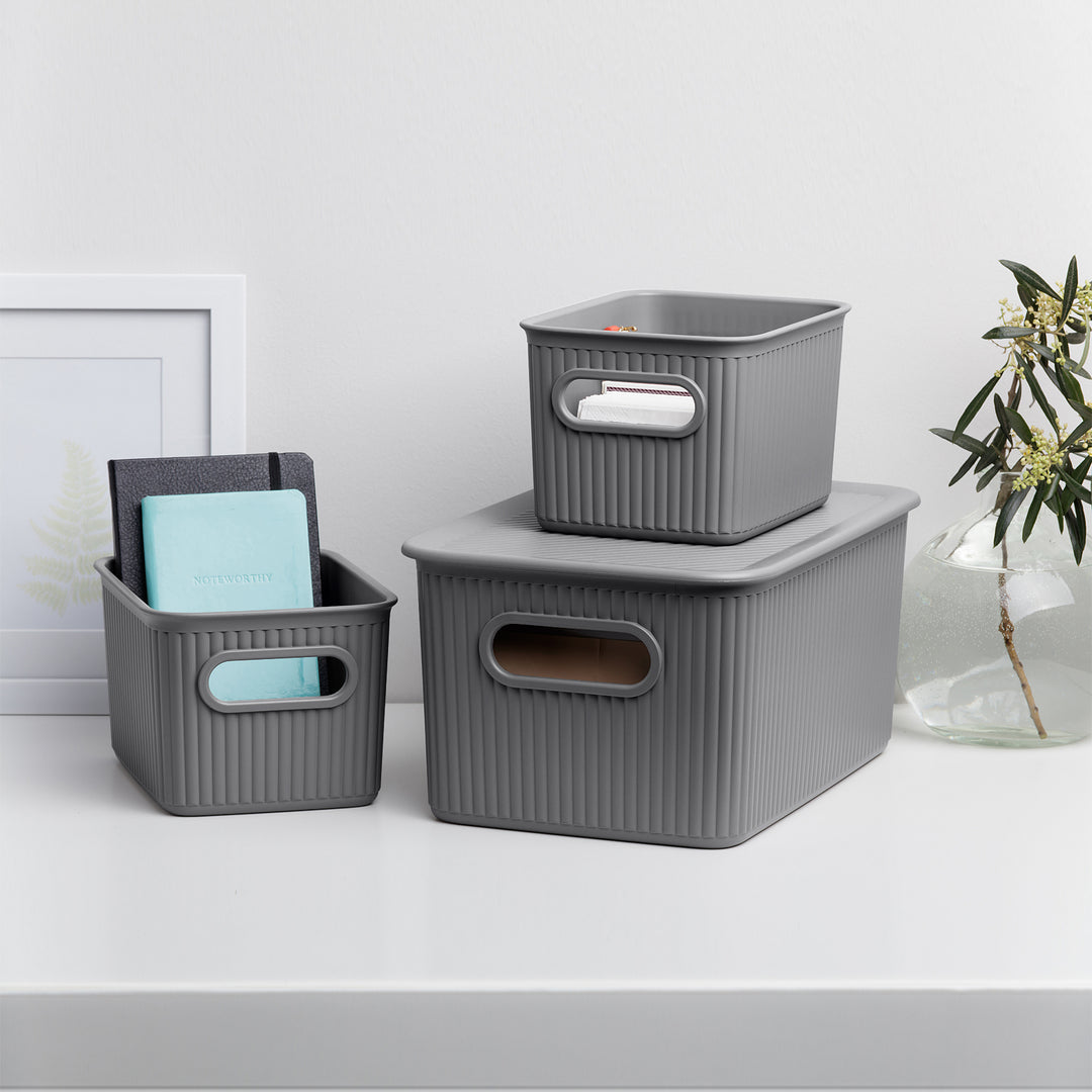 TATAY Baobab - Set de 3 Cajas Organizadoras Medianas con Tapa en Plástico PP05. Gris Antracita