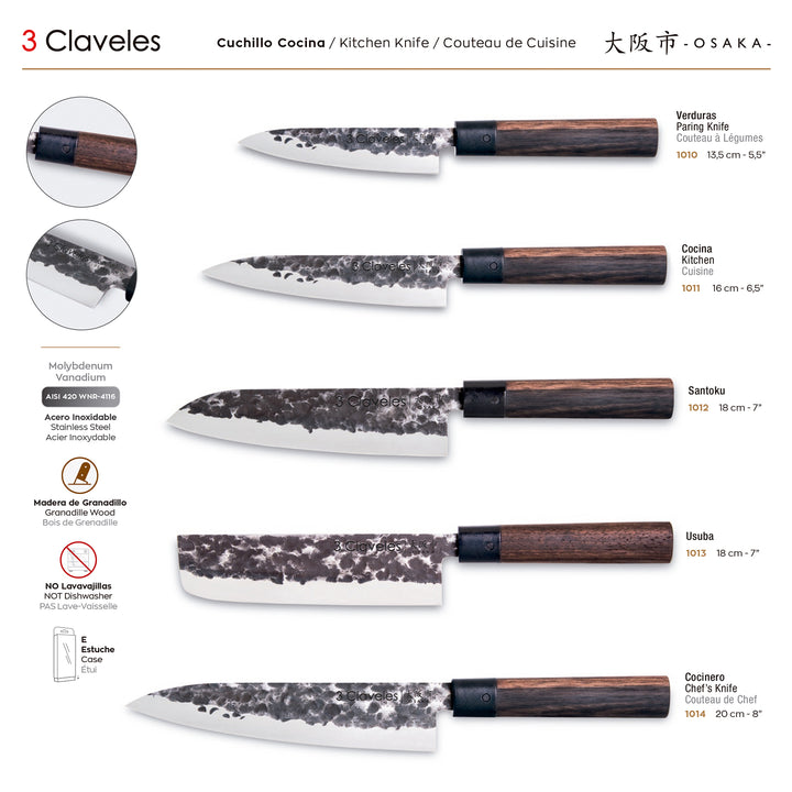 3 Claveles Osaka - Cuchillo Verduras 13.5 cm de Estilo Asiático Forjado a Mano