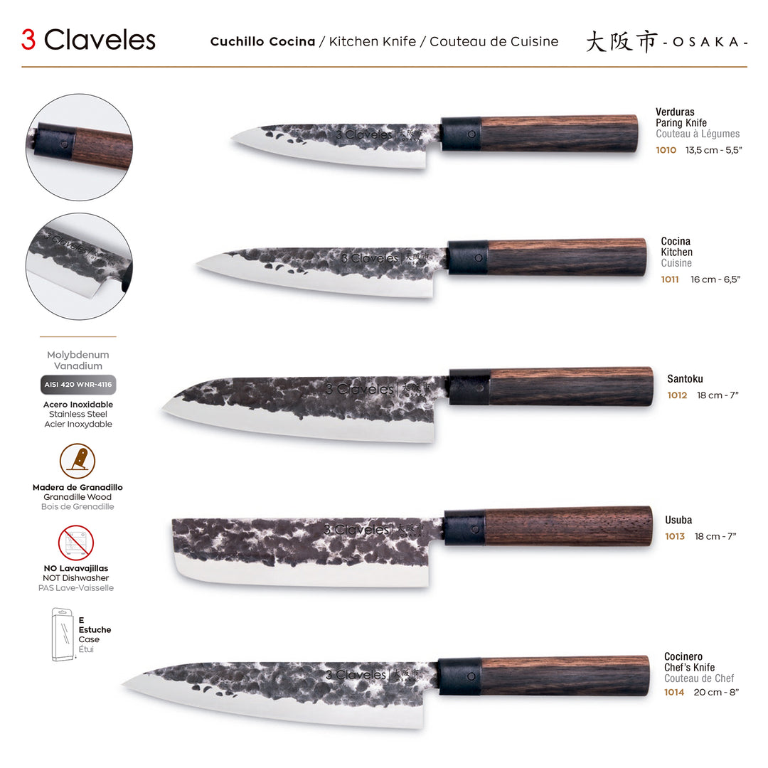 3 Claveles Osaka - Cuchillo Cocinero 20 cm de Estilo Asiático Forjado a Mano