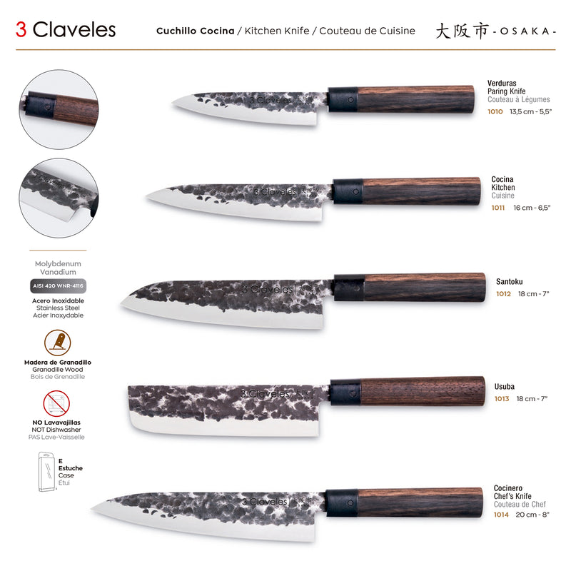 3 Claveles Osaka - Cuchillo Santoku 18 cm de Estilo Asiático Forjado a Mano