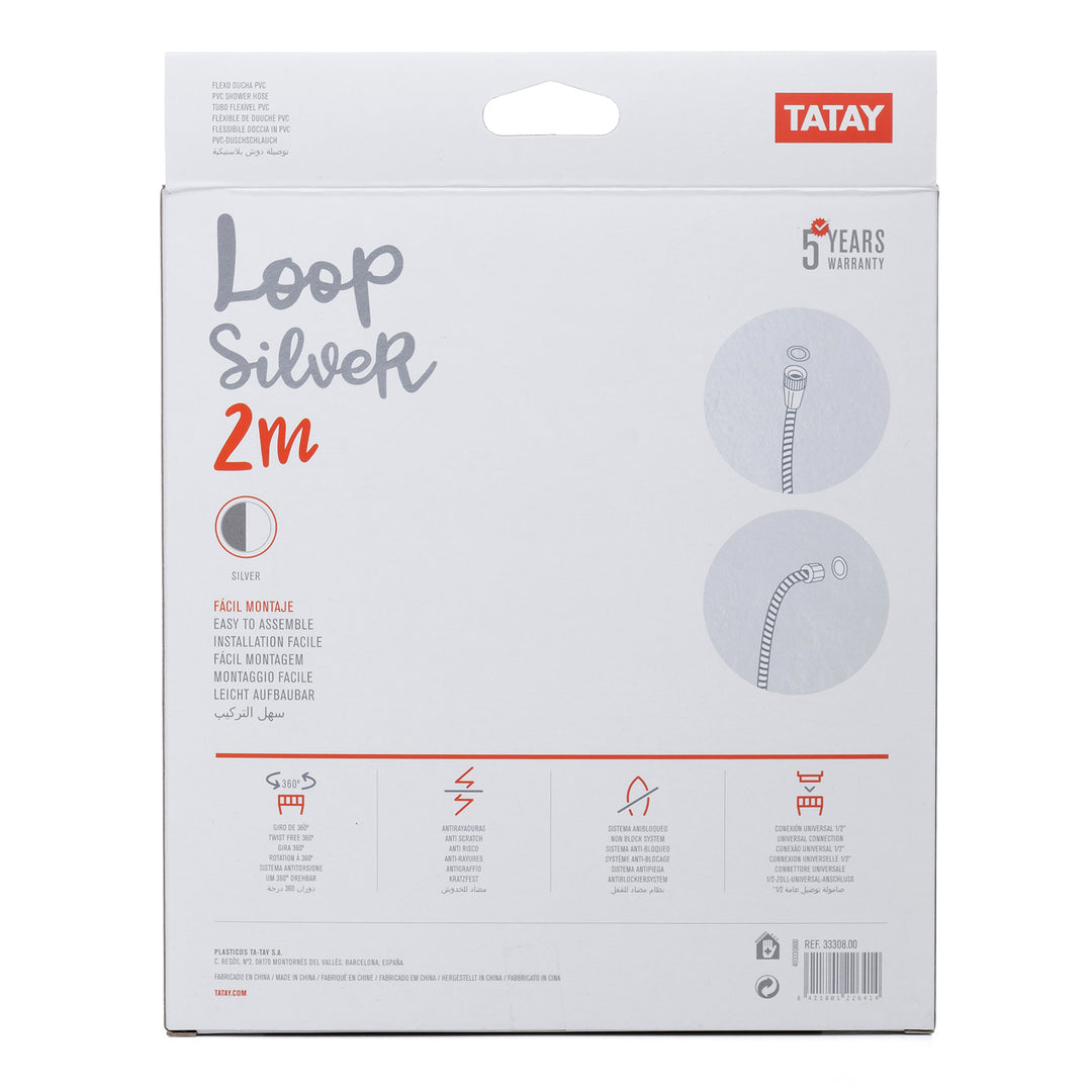 TATAY Loop Silver - Flexo de Ducha Anti-torsión y Anti-cal en PVC de 2 m. Gris Satinado