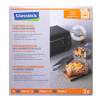 Glasslock Oven Smart - Set de 3 Recipientes Rectangulares de 0.4L, 0.7L y 1L en Vidrio Templado