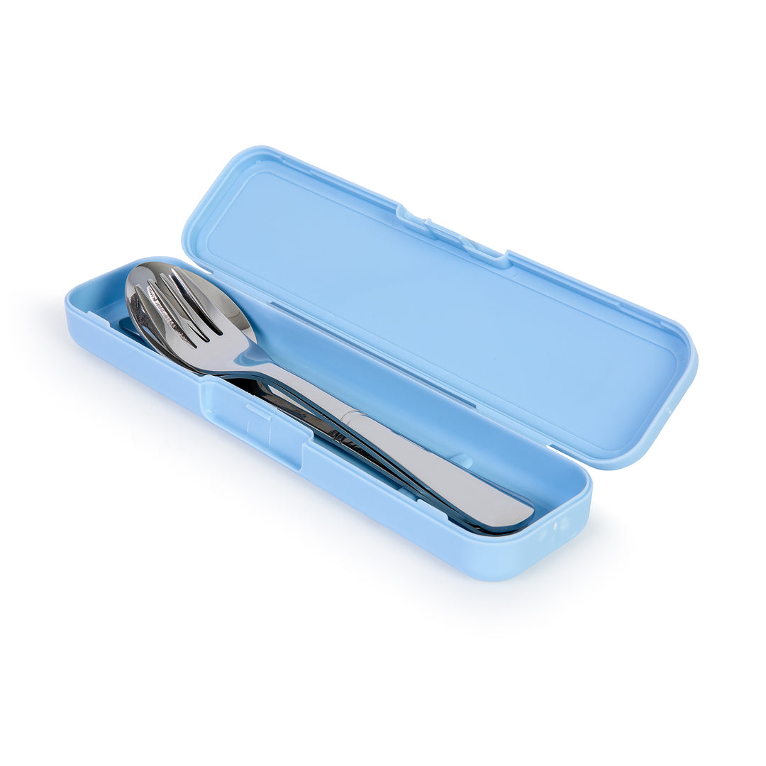 IBILI Lunch Away - Set de 3 Cubiertos Reutilizables en Acero Inoxidable con Estuche. Azul